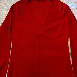 Women's Deep Crimson V-Neck Sweater- Silk and Spandex, Size Small